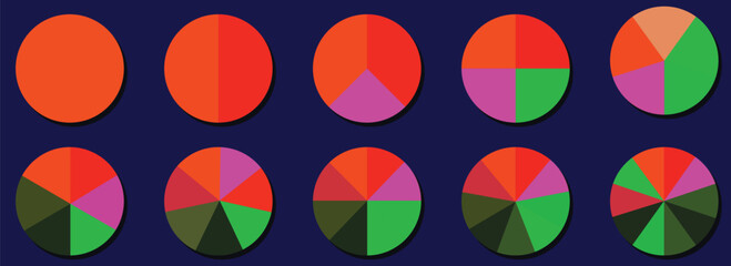 set of colored pie charts for 1,2,3,4,5,6,7,8,9,10 steps or sections to illustrate a business plan, infographic, reporting.eps 10.vectors