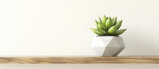 Concrete pot. Green succulent plant in modern geometric concrete planter on wooden shelf isolated on white background. with copy space image. Place for adding text or design