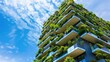 © lililia - sustainable luxury with a green building adorned with vertical gardens and balconies filled with lush plants against a backdrop of a clear blue sky in the city.