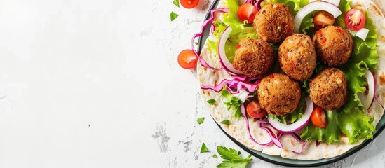 Aufkleber - Tortilla wrap with falafel and fresh salad, vegetarian healthy food, vegan concept copy space