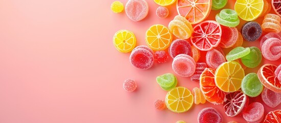 Fototapete - Tutti frutti candies in different colors and flavors. pastel background. with copy space image. Place for adding text or design
