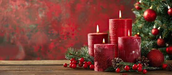Wall Mural - Christmas tree branches, red candles. Christmas decorations on table. with copy space image. Place for adding text or design