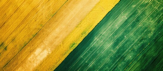 Fototapete - Abstract geometric shapes of agricultural parcels of different crops in yellow and green colors. Aerial view shoot from drone directly above field. Copy space image. Place for adding text or design