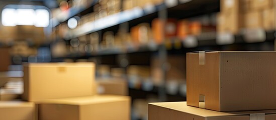 Poster - Home mart Store box blurred on shelf row. with copy space image. Place for adding text or design