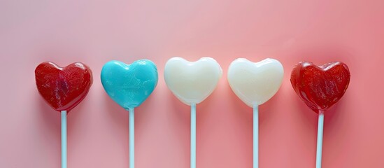 Wall Mural - White, blue and red heart shaped lollipops isolated on pastel background. Love, candy or valentines background. with copy space image. Place for adding text or design