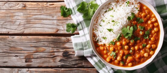 Leinwandbilder - Indian red lentil curry with chickpeas, white rice and fresh cilantro - chana dal - in a white bowl on a green checkered kitchen towel. with copy space image. Place for adding text or design