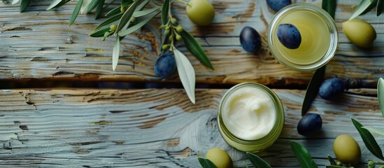Leinwandbilder - Serum and moisturizing cosmetic cream with olive extract for skin with branch and olives on wood table. Top view. Copy space image. Place for adding text or design