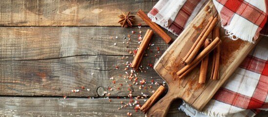 Poster - Cinnamon sticks on the board with a plaid towel in the home interior. with copy space image. Place for adding text or design