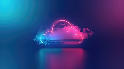 Neon cloud technology symbol on a blue gradient backdrop with isolated emblem at the bottom center