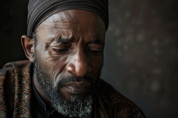 Poster - Clean and minimalist portrait of a Muslim man with a contemplative expression.