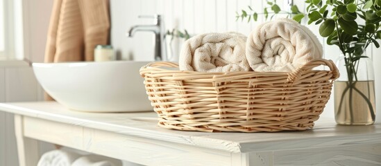 Sticker - Wicker basket with rolled towels on white wooden table in bathroom. Space for text. with copy space image. Place for adding text or design