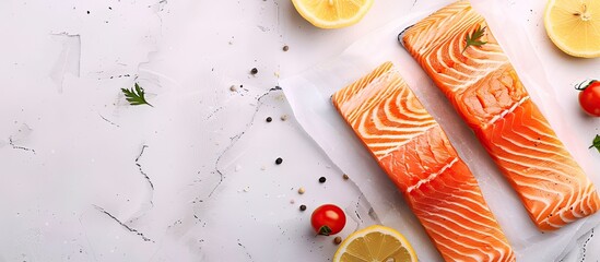 Fototapete - Sliced salmon pieces served with lemon and vegetables pastel background. with copy space image. Place for adding text or design