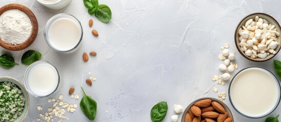 Aufkleber - Vegan non dairy plant based milk in cupes and ingredients on light background. Lactose free milk substitute. Top view. Copy space image. Place for adding text or design