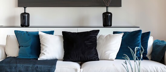 Wall Mural - contemporary interior of Living room with black,white and blue cushion. with copy space image. Place for adding text or design