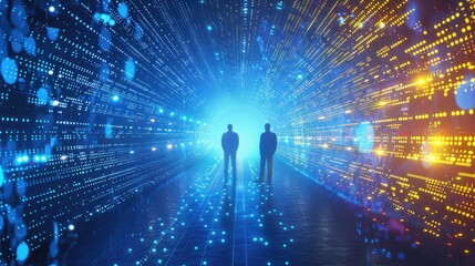 two people standing in the middle of an endless digital tunnel, glowing blue and yellow lights on either side of them illuminating their silhouettes