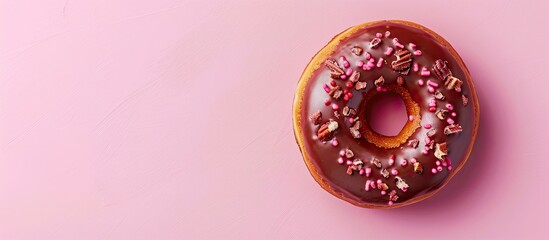 Fototapete - Donut in milk chocolate glaze with nuts isolated over pastel background with clipping path. Top view. with copy space image. Place for adding text or design