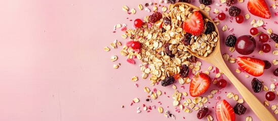 Poster - Muesli cereals close up with raisins, oat and wheat flakes, fruits, strawberry, cranberry, cherry pieces. isolated on pastel background. In wooden spoon. with copy space image
