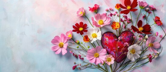 Aufkleber - Bouquet colorful cosmos flowers and heart . Holiday card. pastel background. with copy space image. Place for adding text or design