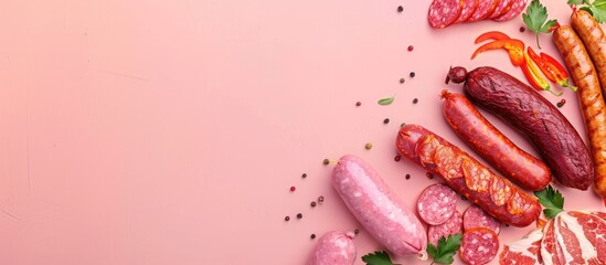 Aufkleber - Different sausages and smoked meats Isolated on pastel background . with copy space image. Place for adding text or design