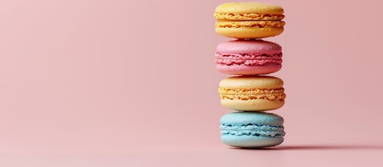 Poster - French colorful macarons isolated on pastel background. with copy space image. Place for adding text or design
