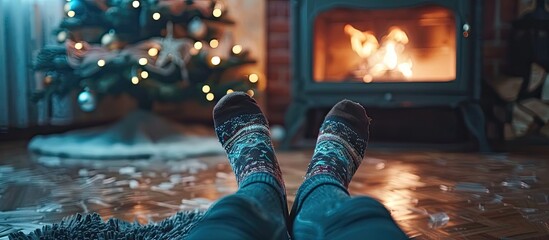 Poster - Girl legs in socks near the fireplace with a little christmas tree. Winter holiday concept. Cozy relaxed magical atmosphere. with copy space image. Place for adding text or design