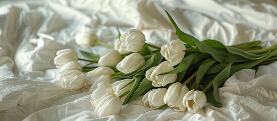 Aufkleber - A bouquet of white tulips lies on a white bed. A bouquet of tulips is packed in craft paper and lies on the bed, vertical photo. with copy space image. Place for adding text or design
