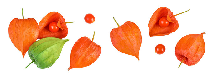 Wall Mural - Cape gooseberry, physalis isolated on white background with full depth of field. Top view. Flat lay