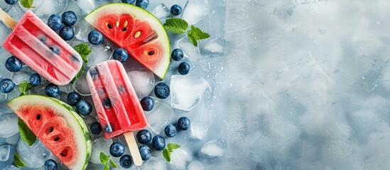 Wall Mural - Fresh watermelon popsicles with blueberries cut on ice. Copy space image. Place for adding text or design