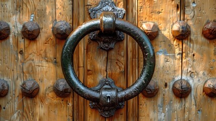 Sticker - A stout wooden door with a iron knocker, set within the walls of a medieval town, surrounded by cobblestone streets.  