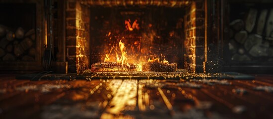Poster - A fire in the fireplace. Warm cozy place with orange bonfire. . with copy space image. Place for adding text or design