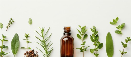 Canvas Print - Bottle of essential oil with herbs arranged on white background. Alternative medicine concept. with copy space image. Place for adding text or design