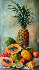 Wall Mural - Exotic papaya and pineapple, summer still life, composition of tropical fruits