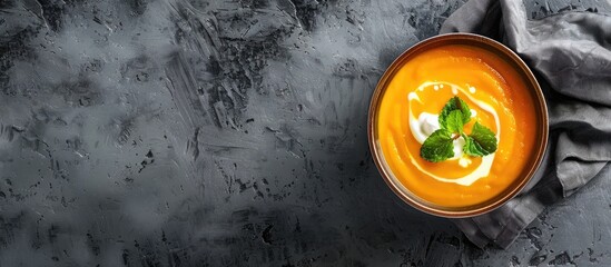 Wall Mural - Pumpkin and carrot soup with cream on grey stone background. Close up. Top view. Copy space image. Place for adding text or design