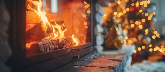 Poster - Winter at home. Closeup of fireplace with orange fire flame interior. Heating. with copy space image. Place for adding text or design