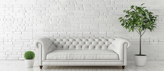Poster - Stylish sofa near white brick wall with space for text. with copy space image. Place for adding text or design