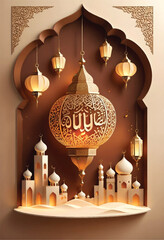 Wall Mural - a poster with arabic calligraphy and arabic lanterns hanging on it  and miniarets at bottom