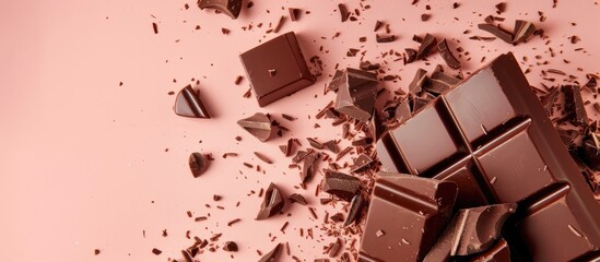 Aufkleber - Broken chocolate bar isolated. Milk chocolate square pieces, cubes, small bloks pile, choco segments stack on pastel background top view. with copy space image. Place for adding text or design