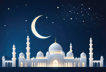 Wall Mural - a vector illustration of a white mosque outline againts a starry night sky