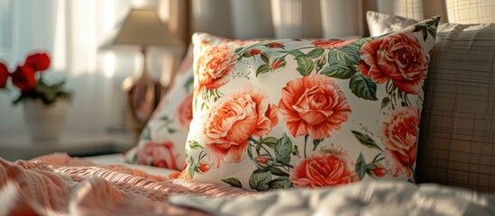 Poster - Bedroom home decor pillows roses. with copy space image. Place for adding text or design