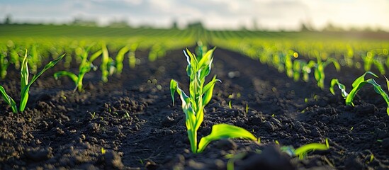 Fototapete - Agriculture shot: rows of young corn plants growing on a vast field with dark fertile soil leading to the horizon. Copy space image. Place for adding text or design