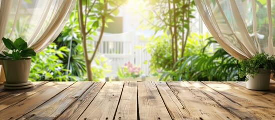 Poster - Empty wood table top with blur white curtain window and green garden background for product display template. with copy space image. Place for adding text or design