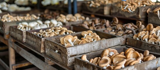 Aufkleber - A mushroom factory in Thanh Hoa province, Viet Nam. Copy space image. Place for adding text or design