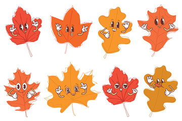 Wall Mural - Set of autumn leaves in kawaii style. Vector illustration isolated on white background