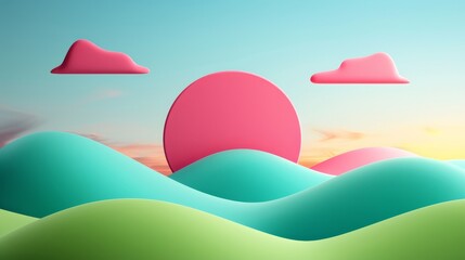 Wall Mural - abstract pastel pink green and blue hills landscape 3d illustration.