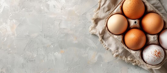 Leinwandbilder - Chicken eggs closeup in a corton box on a gray stand pastel background. with copy space image. Place for adding text or design