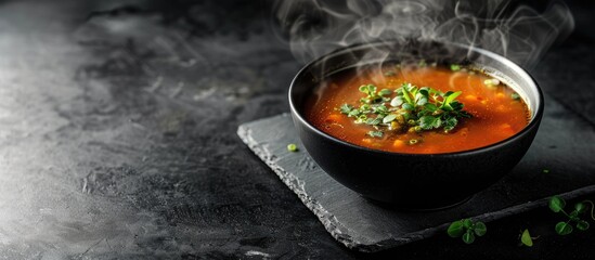 Leinwandbilder - Bowl of hot soup on black background. Copy space image. Place for adding text or design