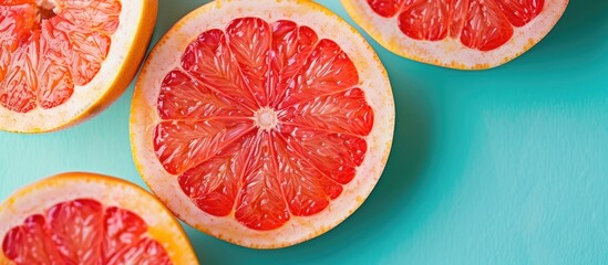 Fototapete - Slices of juicy grapefruit on pastel background  Food. with copy space image. Place for adding text or design