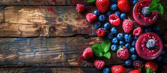 Wall Mural - Berry smoothie on rustic wooden background. Copy space image. Place for adding text or design