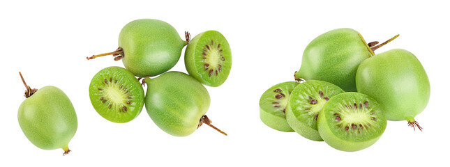 Wall Mural - mini kiwi baby fruit or actinidia arguta isolated on white background with full depth of field. Top view. Flat lay