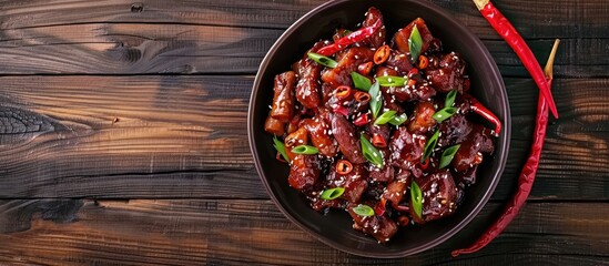 Aufkleber - Dry Pot Hunan Style chilli Pork Intestines served dish isolated on wooden table top view of Hong Kong food. Copy space image. Place for adding text or design